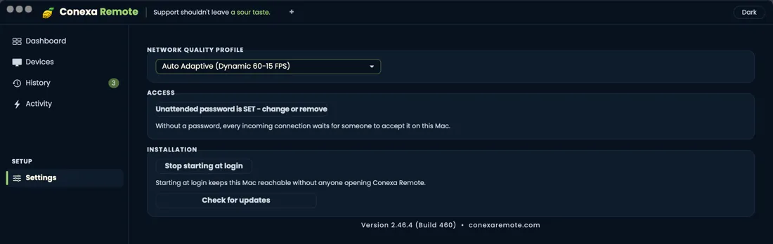 Real Conexa Remote security and unattended password settings
