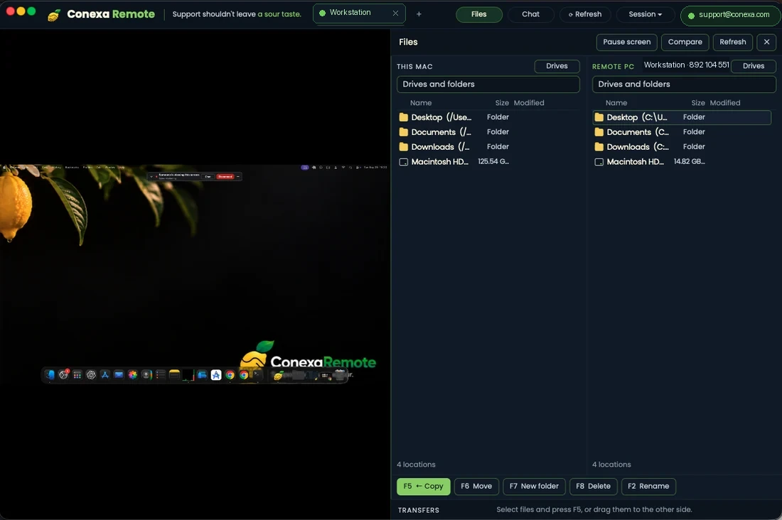 Real Conexa Remote dual-pane file transfer manager with drives, folders, and keyboard shortcuts