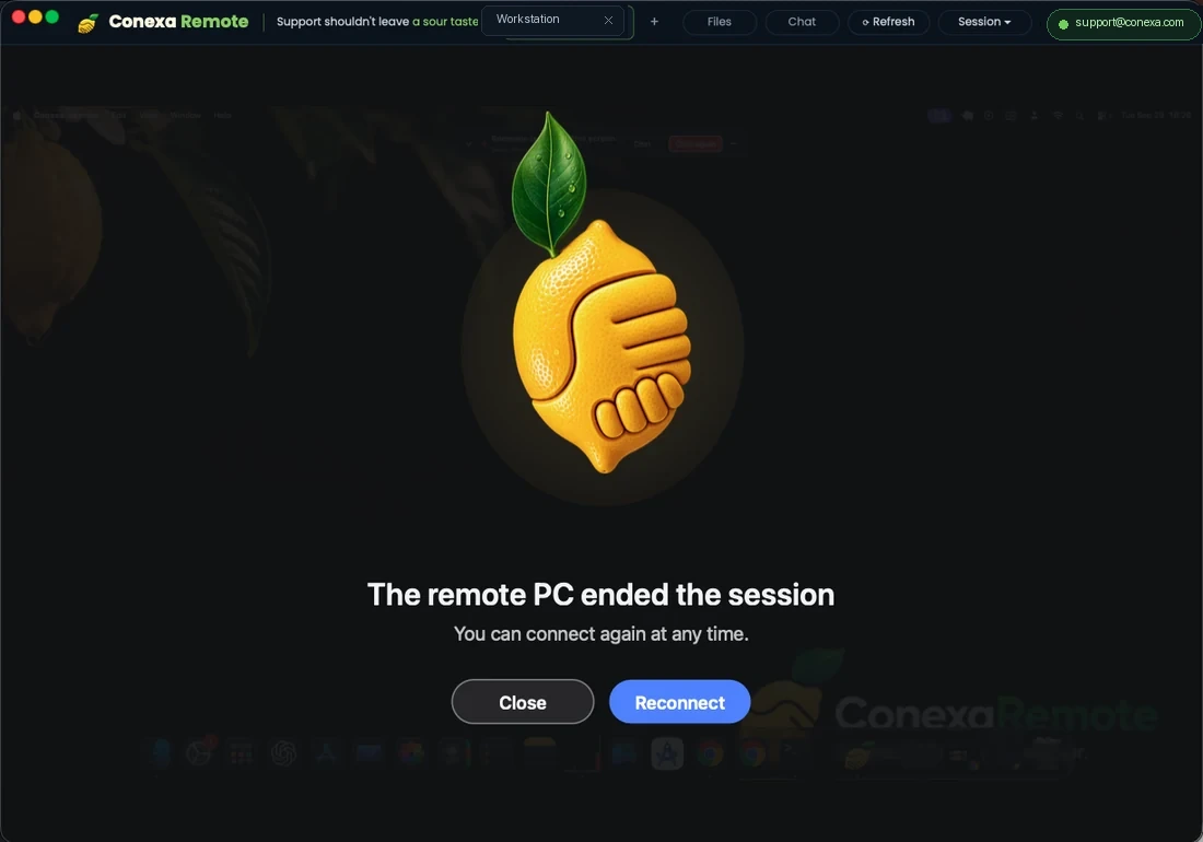 Conexa Remote instant reconnection screen: reconnect with one click whenever a session ends or drops